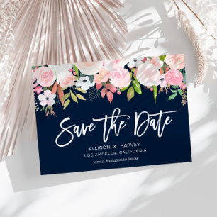 blush pink floral navy blue save the date postcard