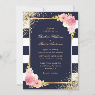 Blush Pink Floral Navy Blue White Gold Wedding Invitation