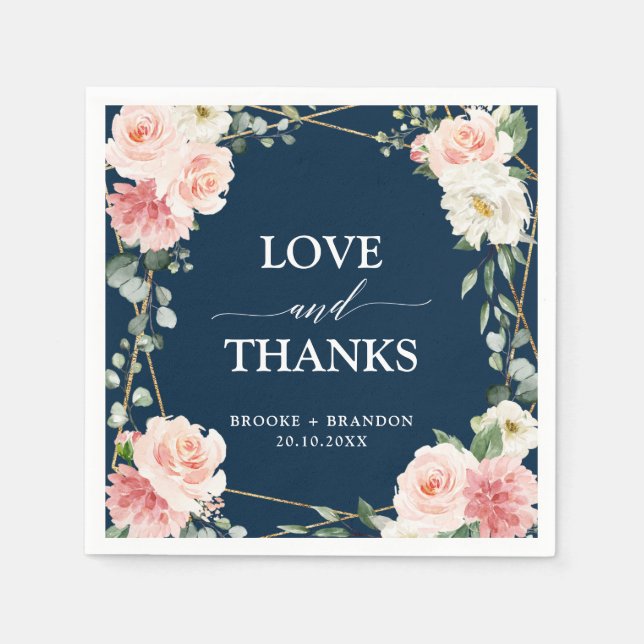Blush Pink Floral Navy Geometric Botanical Wedding Napkin (Front)