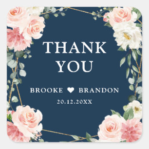 Blush Pink Floral Navy Geometric Botanical Wedding Square Sticker