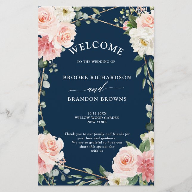 Blush Pink Floral Navy Geometric Wedding Program (Front)