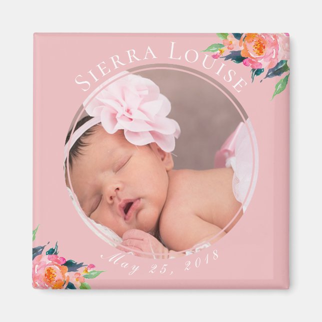 Blush Pink Floral New Baby Girl Photo Magnet (Front)