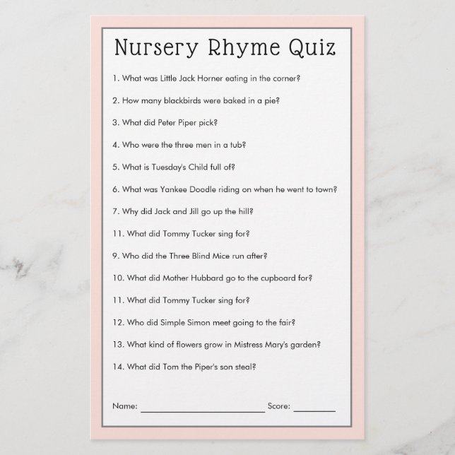 Blush Pink Floral Nursery Rhyme Shower Game (Front)