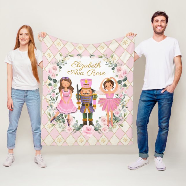Blush Pink Floral Nutcracker Holiday Baby Girl Fleece Blanket (In Situ)