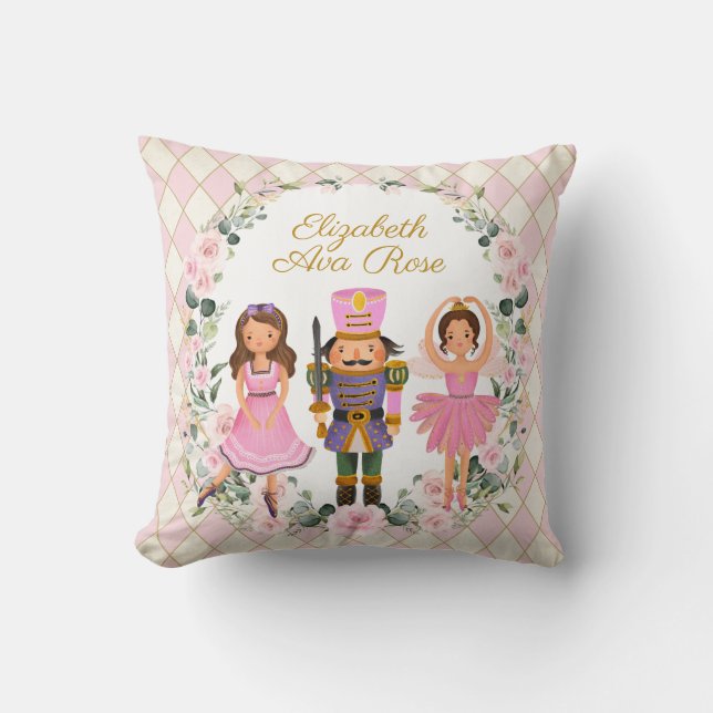 Blush Pink Floral Nutcracker Holiday Baby Nursery Cushion (Front)