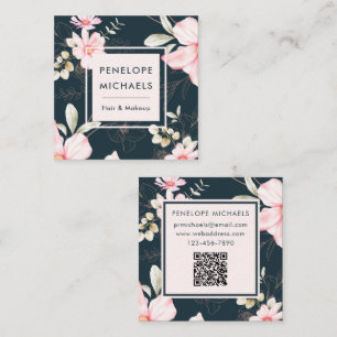 Blush Pink Floral on Dark Navy Blue QR Code Square Business Card