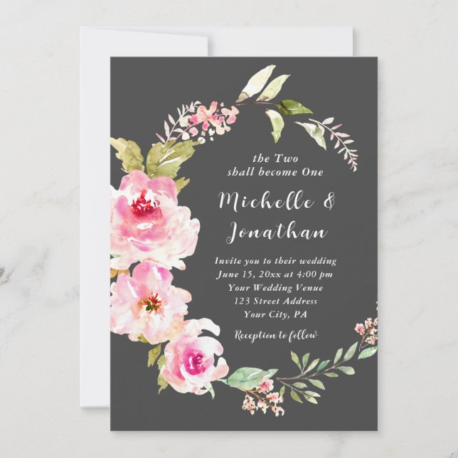 Blush Pink Floral on Grey Christian Wedding Invitation (Front)