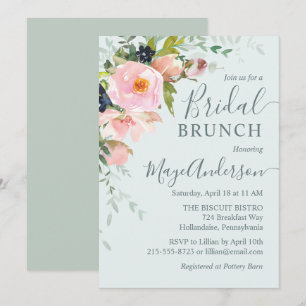Blush Pink Floral on Light Blue Bridal Brunch Invitation