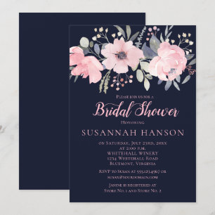 Blush Pink Floral on Navy Bridal Shower Invitation
