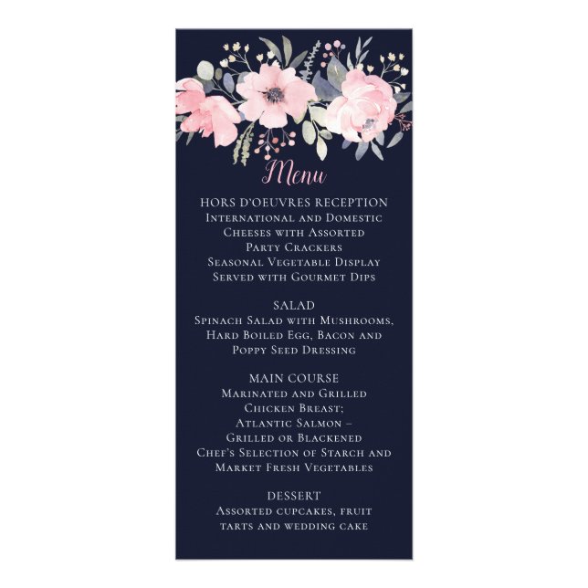Blush Pink Floral on Navy Wedding | Menu (Front)