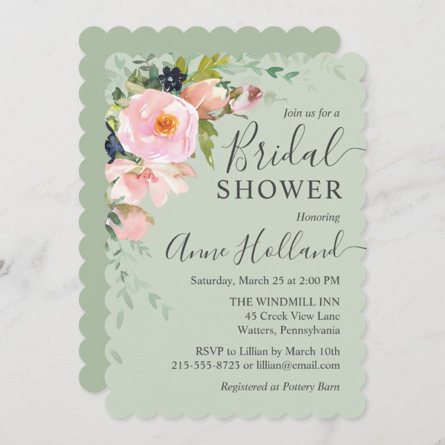 Blush Pink Floral on Sage Green Bridal Shower Invitation (Front/Back)