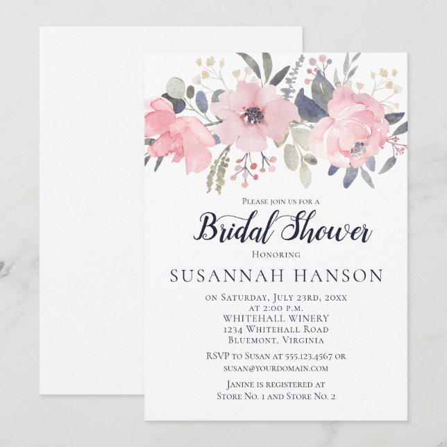 Blush Pink Floral on White Bridal Shower Invitation (Front/Back)