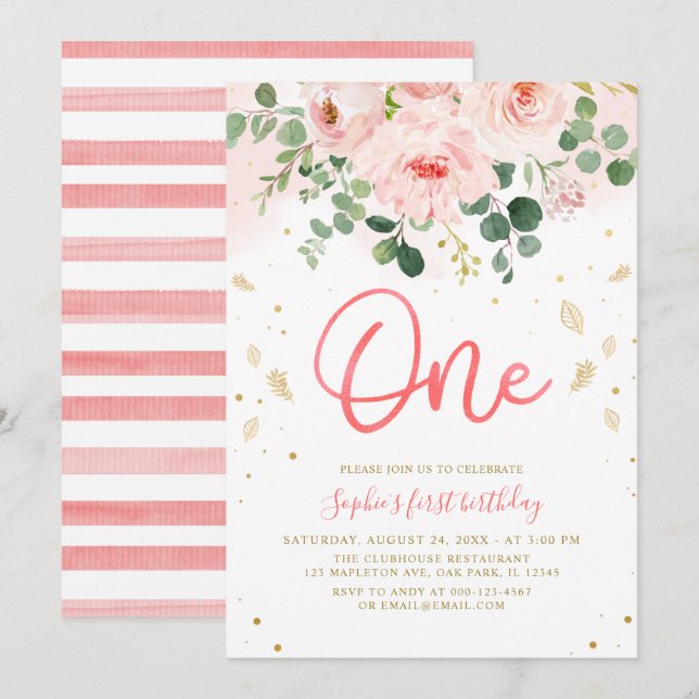 Blush Pink Floral One Baby Girl 1st Birthday Invitation (Front/Back)
