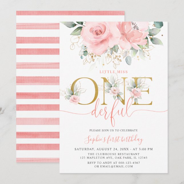 Blush Pink Floral Onederful Baby Girl 1st Birthday Invitation (Front/Back)
