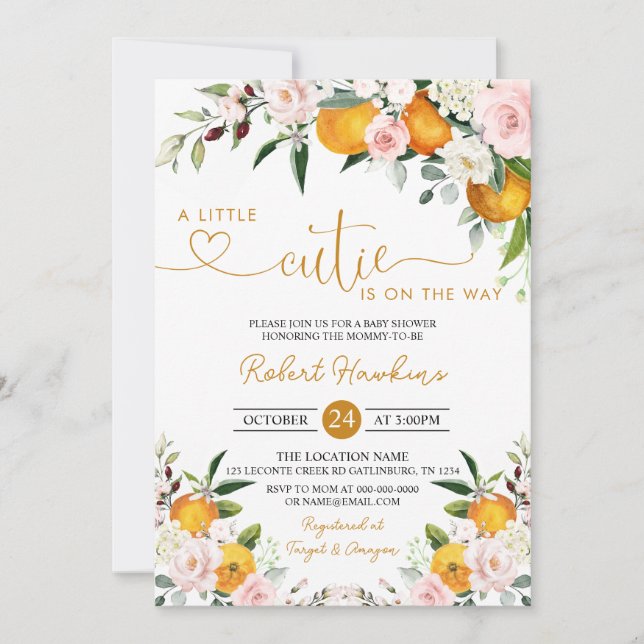Blush Pink Floral, Orange Little Cutie Baby Shower Invitation (Front)