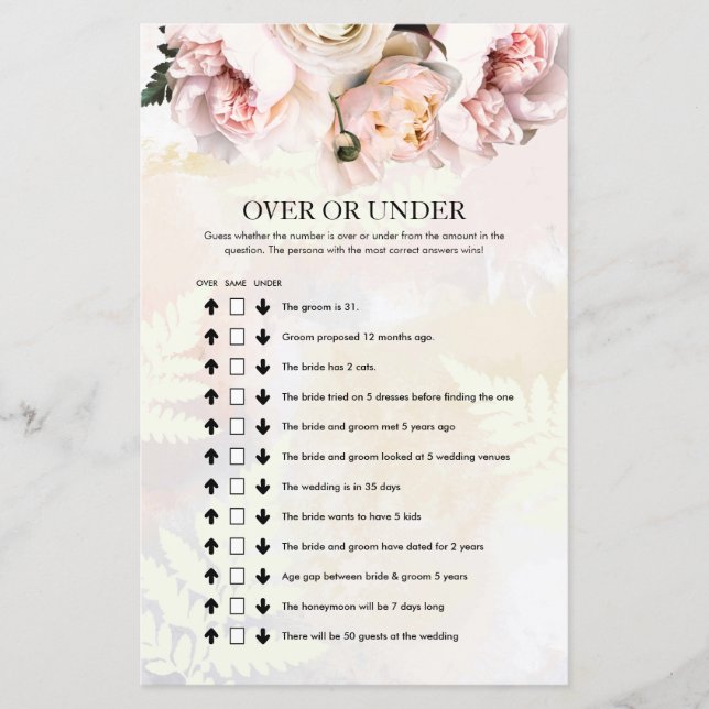 Blush Pink Floral Over or Under Bridal Game (Front)