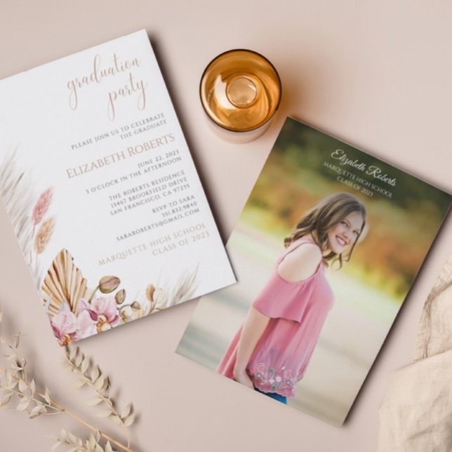 Blush Pink Floral Pampas Grass Graduation Party Invitation (Creator Uploaded)