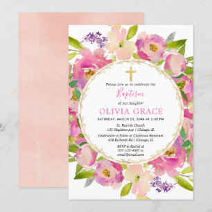 Blush pink floral pastels Baptism girl Invitation