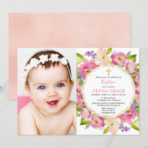 Blush pink floral pastels Baptism girl photo Invitation