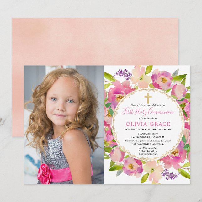 Blush pink floral pastels First Communion photo Invitation (Front/Back)