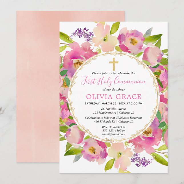 Blush pink floral pastels First Holy Communion Invitation (Front/Back)
