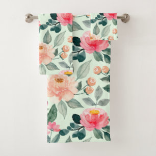 Blush Pink Floral Pattern Mint Bath Towel Set