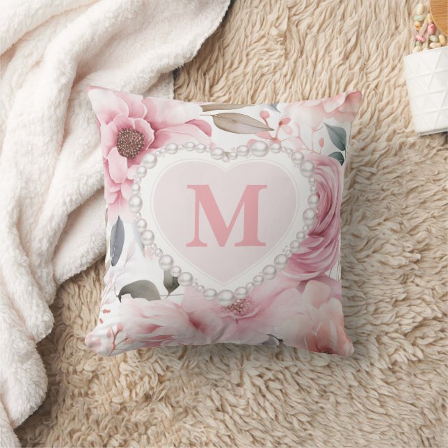 Blush Pink Floral Pearl Heart Monogram  Cushion (Blanket)
