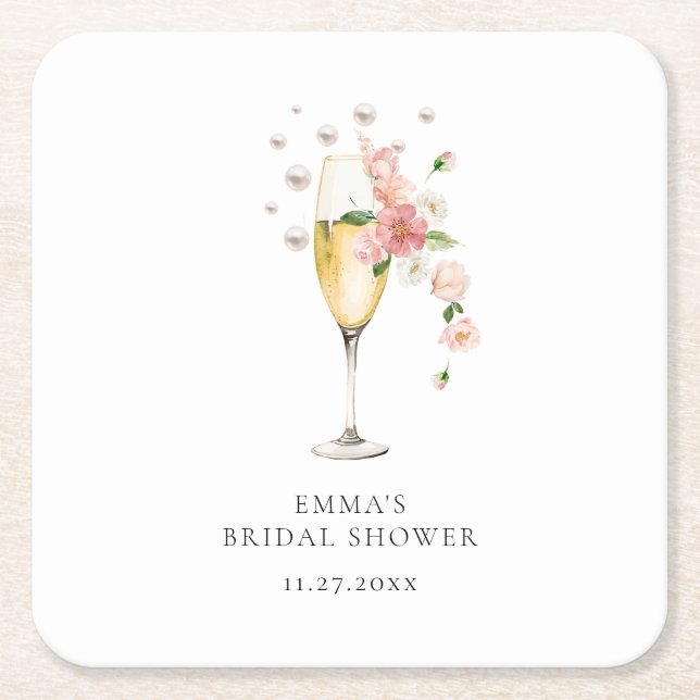 Blush Pink Floral Pearls & Prosecco Bridal Shower Square Paper Coaster (Front)