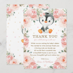 Blush Pink Floral Penguin Baby Shower Birthday  Thank You Card