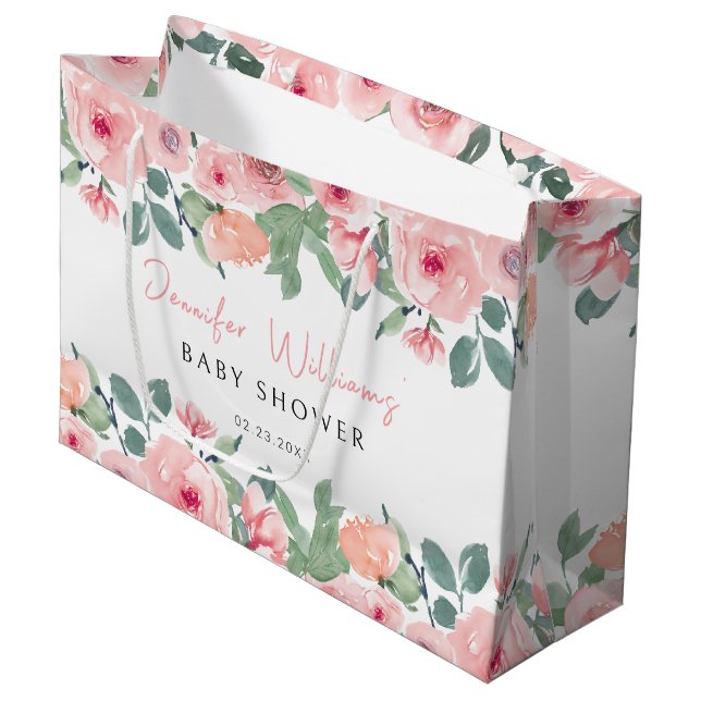 Blush pink floral peonies baby shower gift bags (Front Angled)