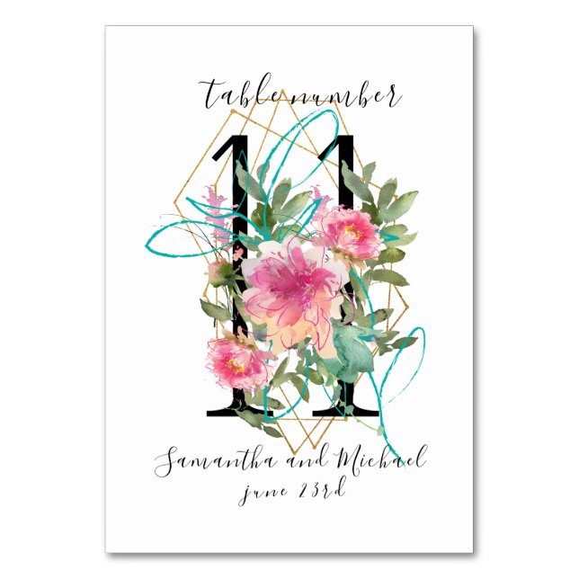 Blush Pink Floral Peony Gold Table Number 11 Sign (Front)