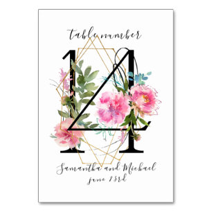 Blush Pink Floral Peony Gold Table Number 14 Sign