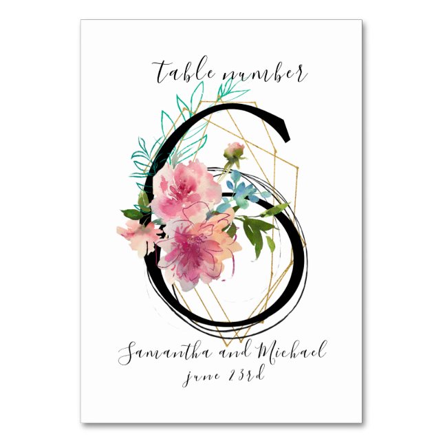 Blush Pink Floral Peony Gold Table Number 6 Sign (Front)