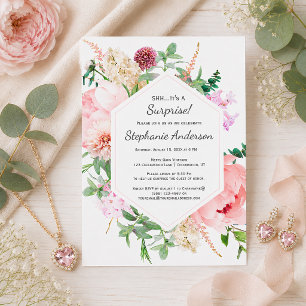 Blush Pink Floral Peony Surprise Birthday Party Invitation