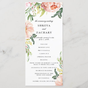 Blush Pink Floral Peony Wedding Ceremony Program Programme