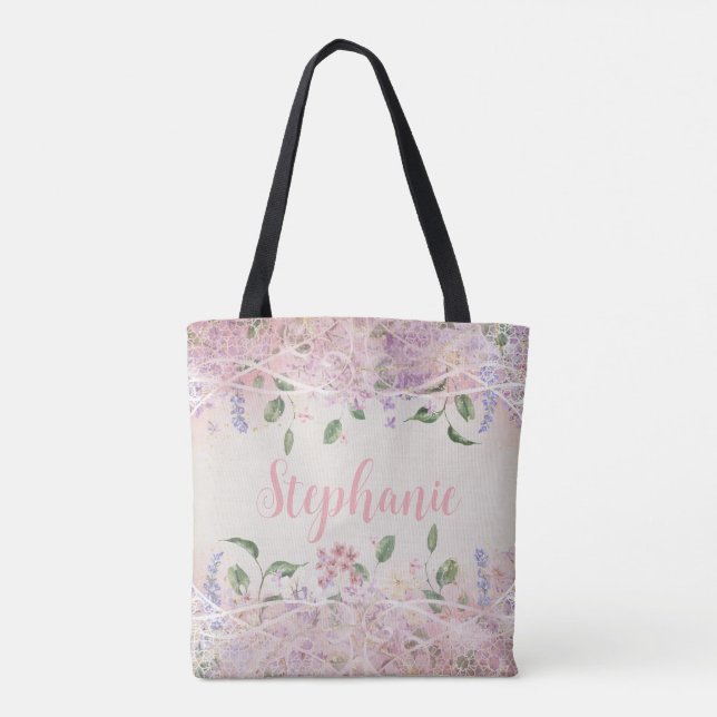 Blush Pink Floral Personalised Name Tote Bag (Back)