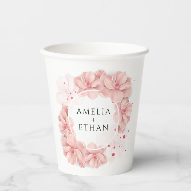 Blush Pink Floral Personalised Wedding Paper Cups (Front)