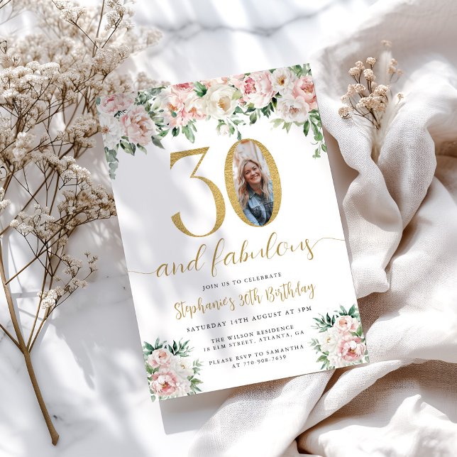 Blush Pink Floral Photo 30th Birthday Invitation (Creator Uploaded)