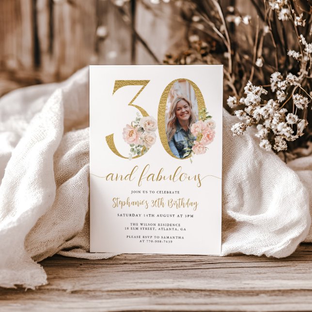 Blush Pink Floral Photo 30th Birthday Invitation (Creator Uploaded)