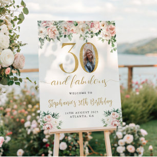 Blush Pink Floral Photo 30th Birthday Welcome Sign