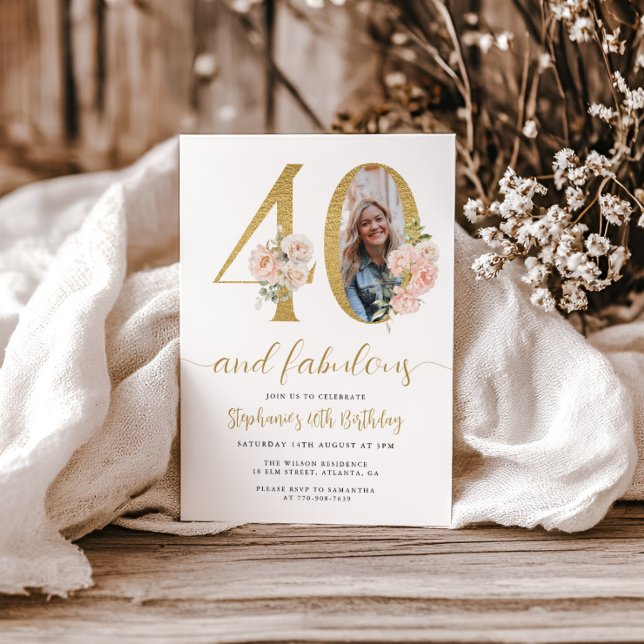 Blush Pink Floral Photo 40th Birthday Invitation (Creator Uploaded)