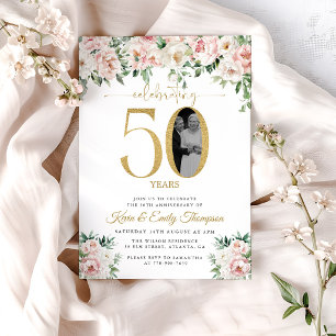 Blush Pink Floral Photo 50th Anniversary Invitation
