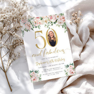 Blush Pink Floral Photo 50th Birthday Invitation