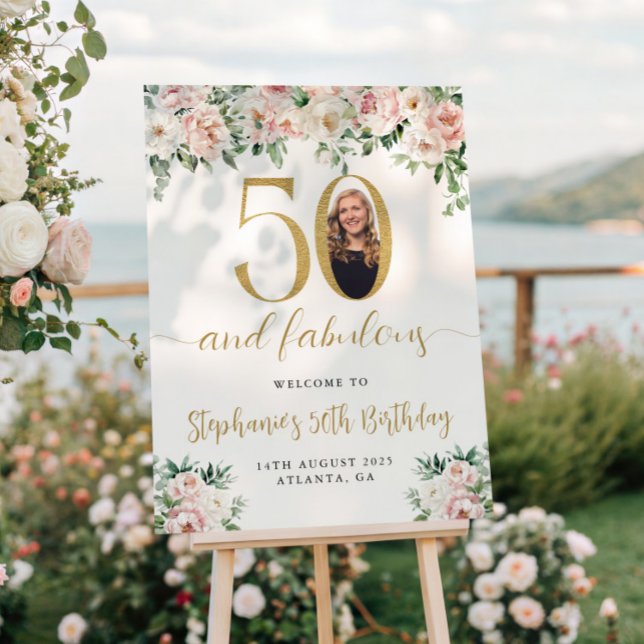 Blush Pink Floral Photo 50th Birthday Welcome Sign (Creator Uploaded)