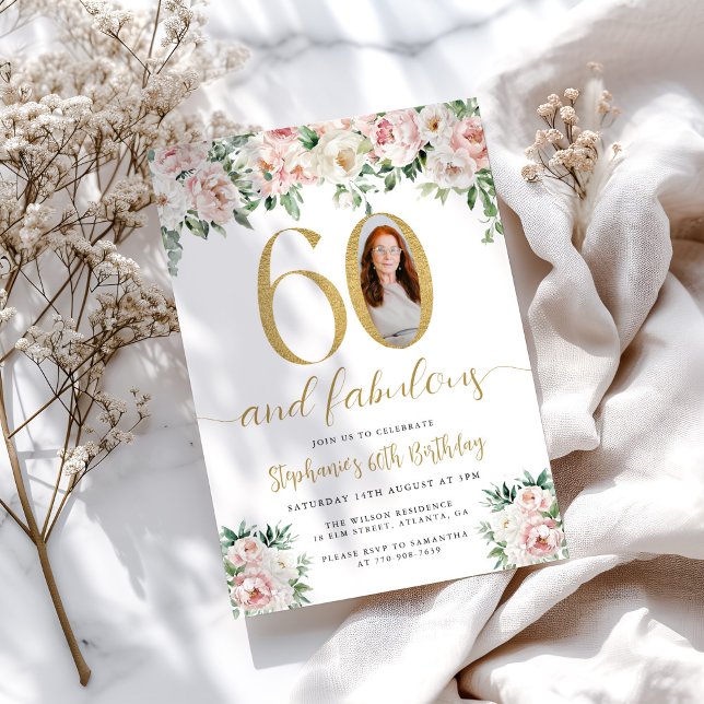 Blush Pink Floral Photo 60th Birthday Invitation (Creator Uploaded)
