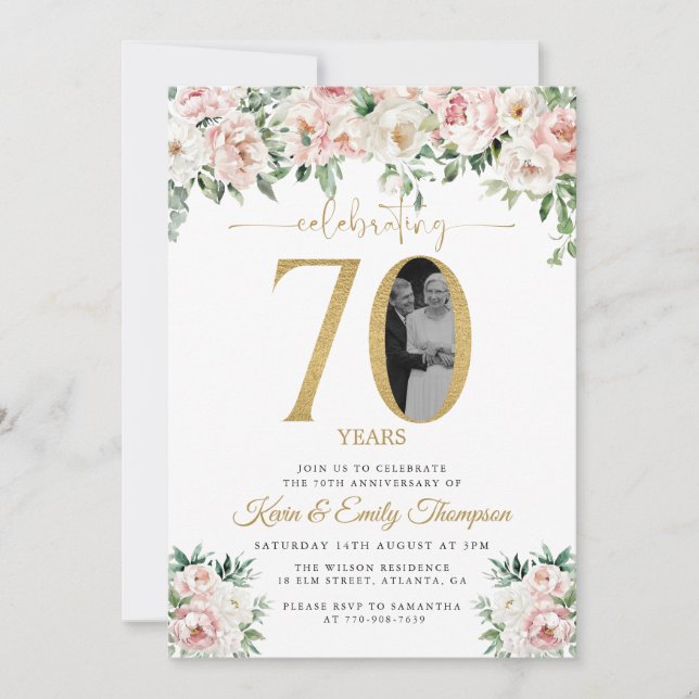 Blush Pink Floral Photo 70th Anniversary Invitation (Front)