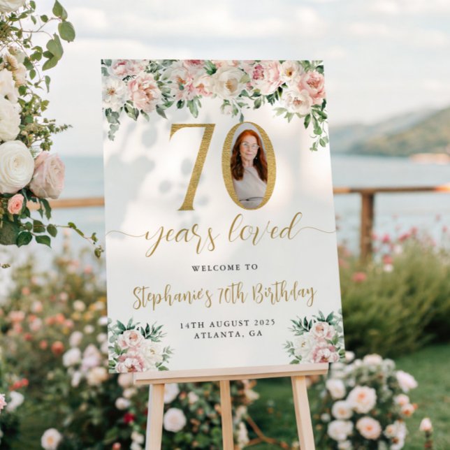 Blush Pink Floral Photo 70th Birthday Welcome Sign (Creator Uploaded)