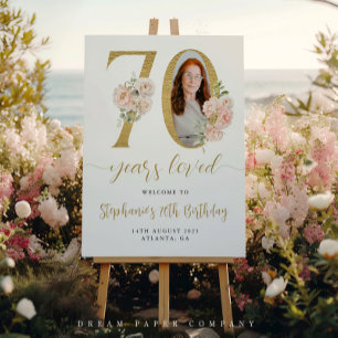 Blush Pink Floral Photo 70th Birthday Welcome Sign