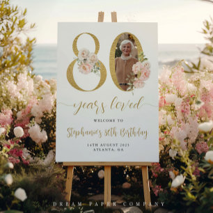 Blush Pink Floral Photo 80th Birthday Welcome Sign