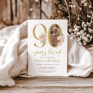 Blush Pink Floral Photo 90th Birthday Invitation